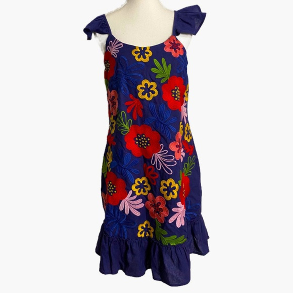 Andree By Unit Embroidered Appliqué Big Bold Floral Shift Dress Linen Blend